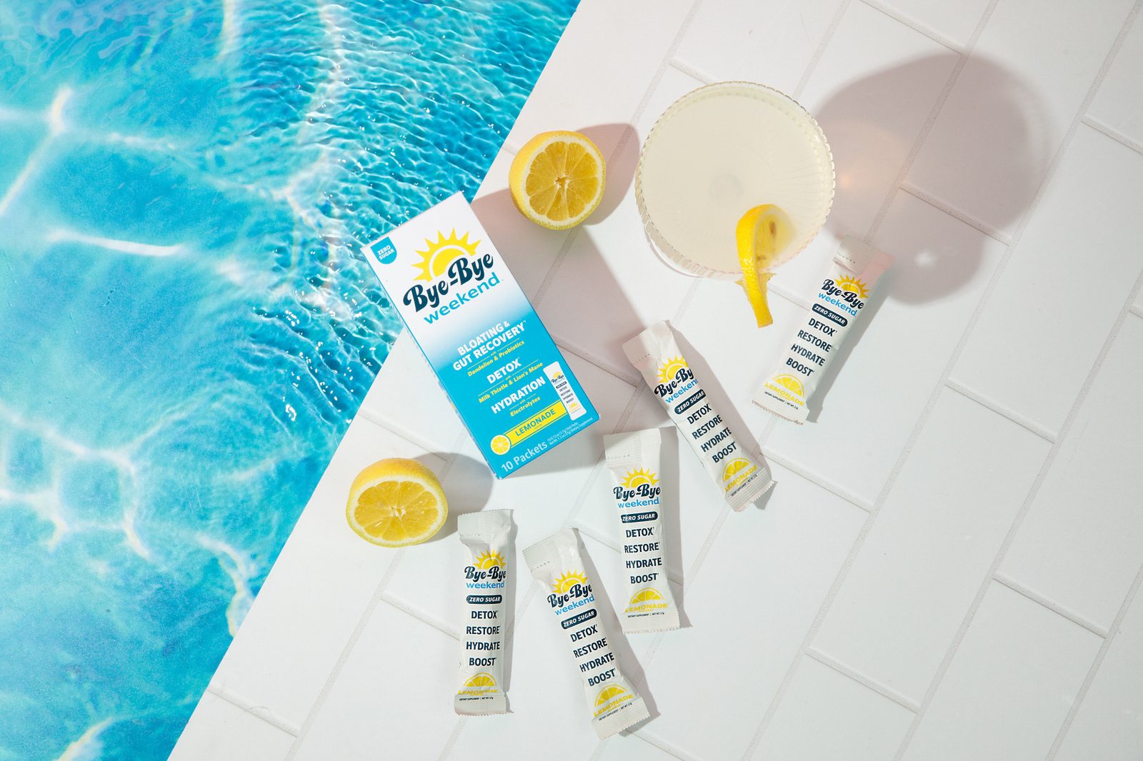 Bye-Bye Weekend hydration packets by a pool